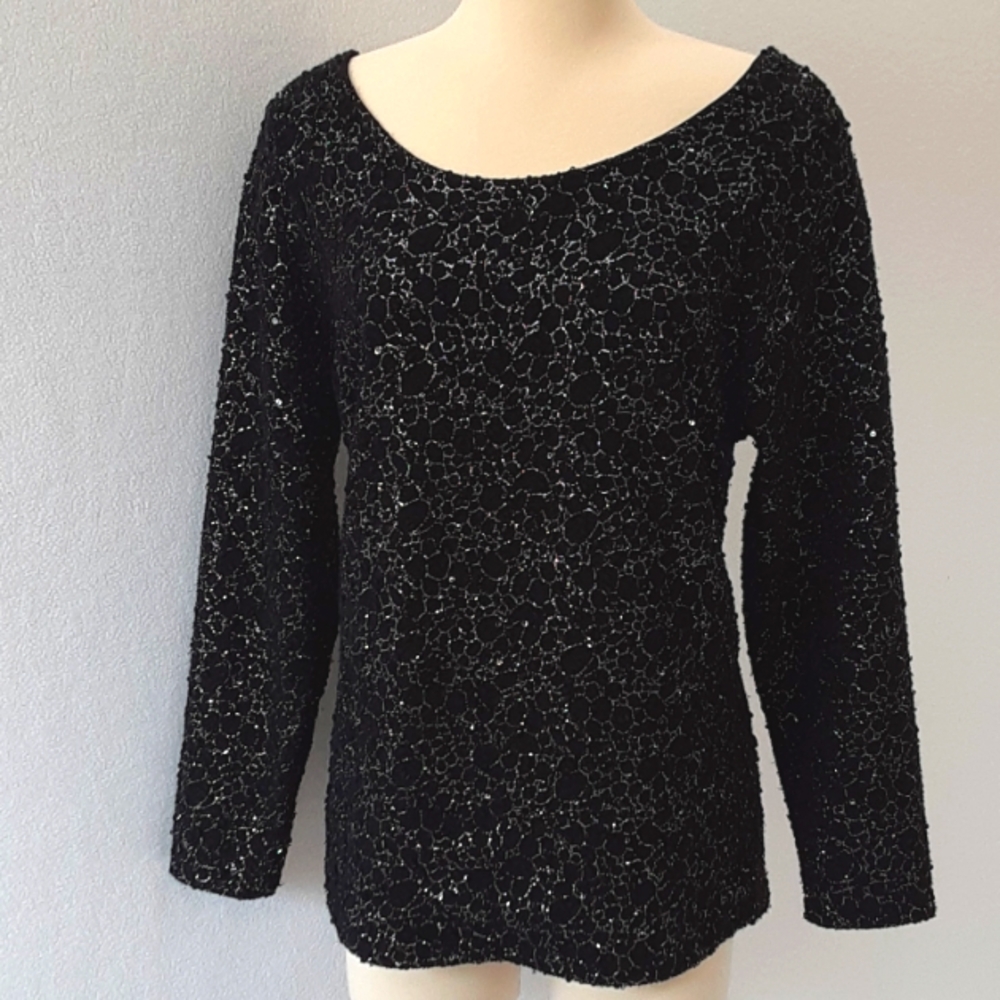 Jennifer Lopez dressy knit top deep v back sequins glitter thread nubby EUC